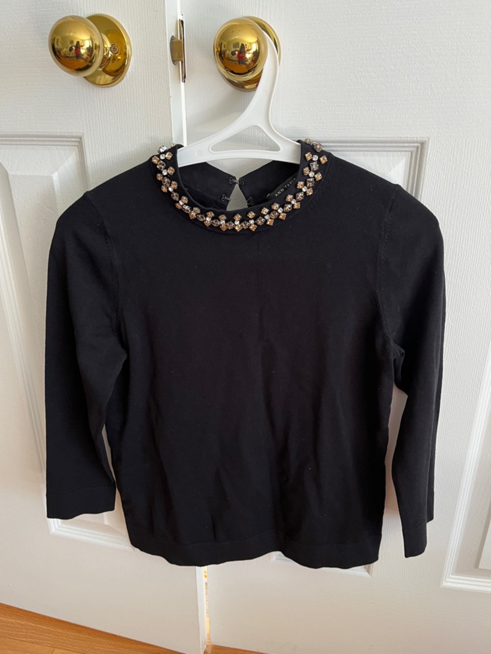 Ann Taylor Black Sweater with Gold and Clear Beaded Neckline